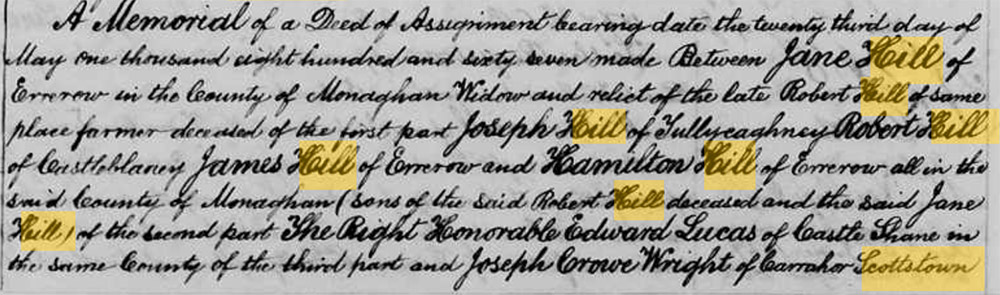 An excerpt of a deed I found via FamilySearch Full Text search mentioning my great-great-grandfather joseph Hill and his parents 