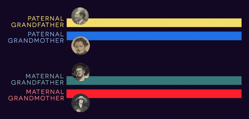 Diagram of the 'reference chromosomes' for my parents representing the specific DNA they inherited from their parents, my grandparents. All their descendants inherited parts of this specific DNA.