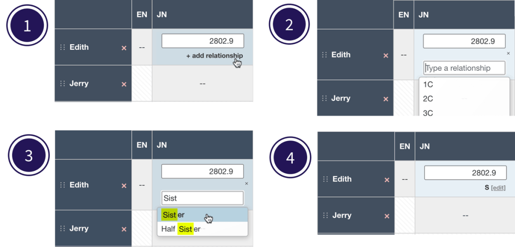 The steps to add a relationship within edit mode