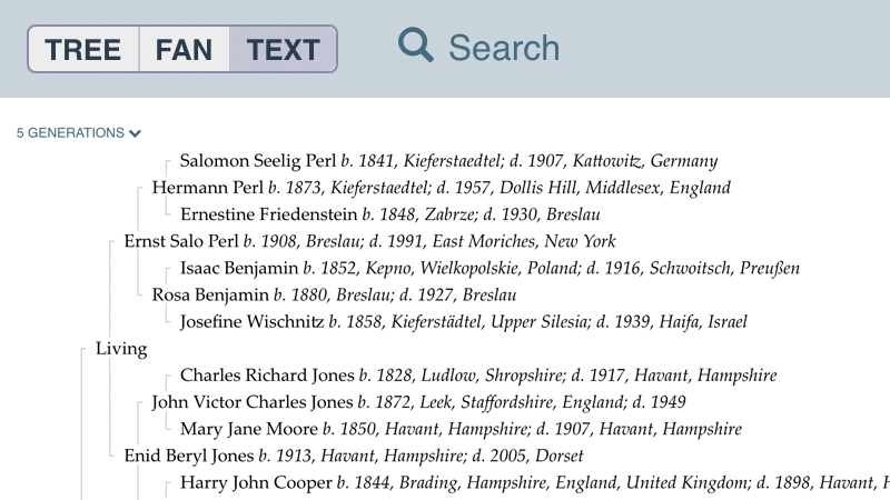 Search by name or place name; switch easily between tree, fan and the elegant text view